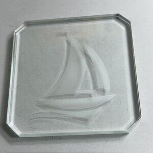 Vintage Oleg Cassini Glass Drink Coaster Sailboat Signed Boat Beer Wine 4X4 AC3